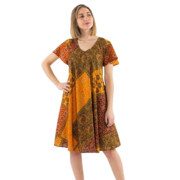 Robe Vintage MYTSUKO PARIS - Imprimé Ethnique Années 80 - Taille 2 Couleur Moutarde