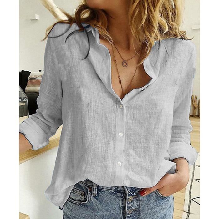 Chemisier Femme Ample En Coton-lin – Manches 3/4, Col V, Couleur Unie, Idéal Pour L’été, Style Bohème Chic