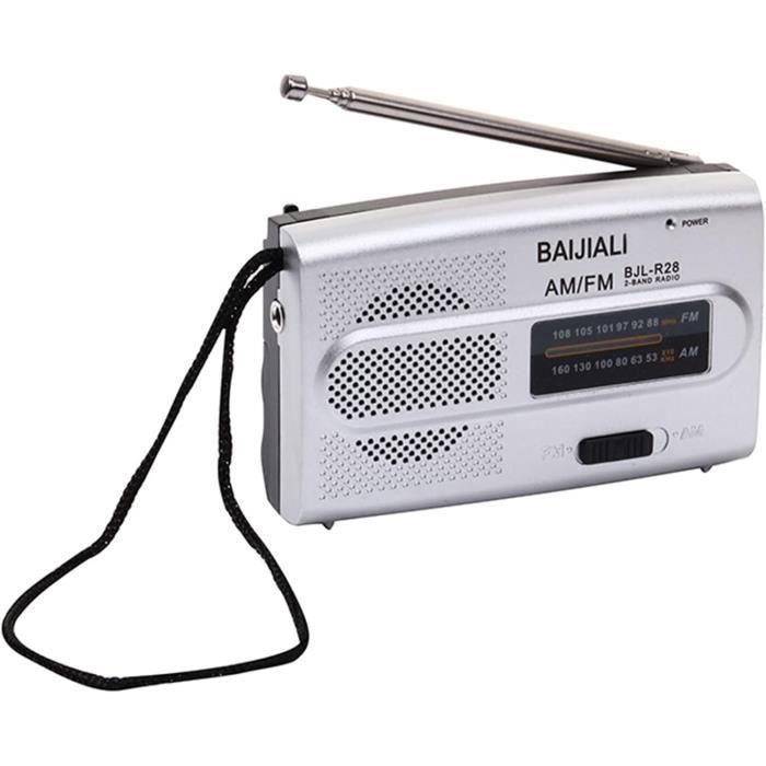 Radio Portable AM/FM De Poche - Haut-parleur Intégré, Alimentation 2xAA, Gris Argenté, Compacte 9.5x6x2.2 Cm