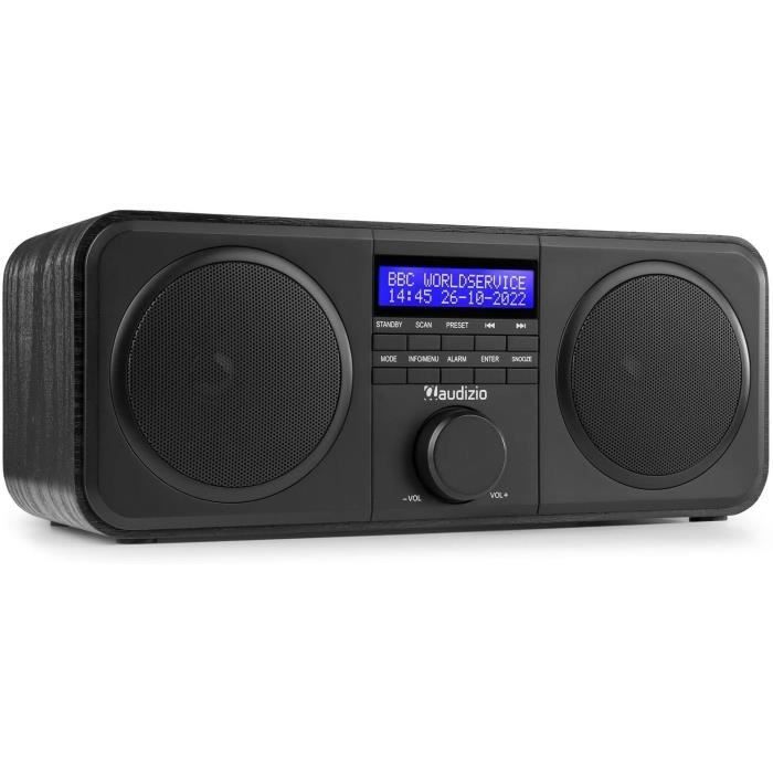 Audizio Novara Radio DAB+ Stéréo Bois/Noir - Radio FM, Réveil, 40W, Écran LCD - Idéale Maison Et Extérieur