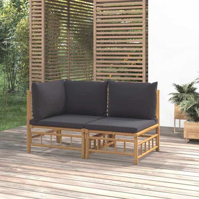 vidaXL Salon de jardin 2 pcs avec coussins gris foncé bambou 362306