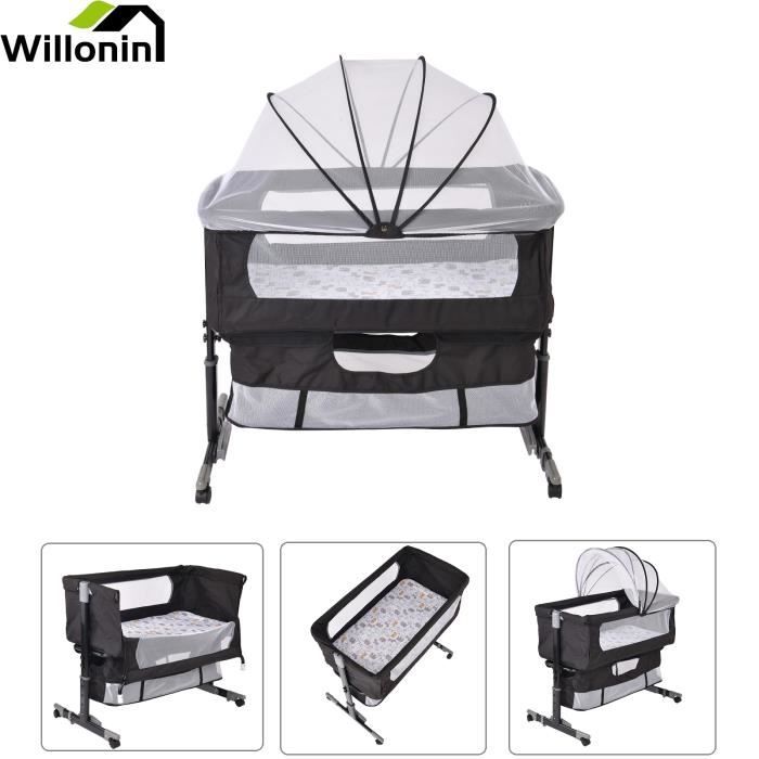 Berceau roulant Cododo Willonin® Noir pour bébé 0-36 mois avec moustique matelas et hauteur ajustable