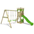 FATMOOSE Aire de jeux Portique bois TreasureTower avec balançoire et toboggan vert pomme Maison enfant extérieure avec bac à sable-1
