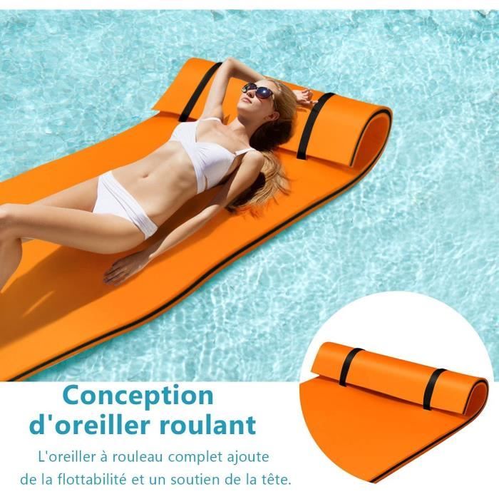 Tapis Flottant Piscine en Mousse XPE pour Piscine Plage Lac, Hamac Flottant Piscine avec Oreiller Roulé pour Sports Nautiques, Bronzage D'Eté,Orange,4X1.8m