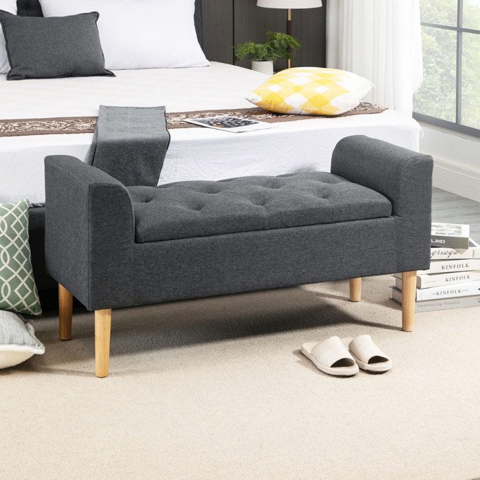 HOMCOM Banc De Rangement, Bout De Lit, Coffre De Rangement Avec Assise Capitonnée Et Pieds En Acier, 110 X 44 X 48 Cm, Gris Et Doré