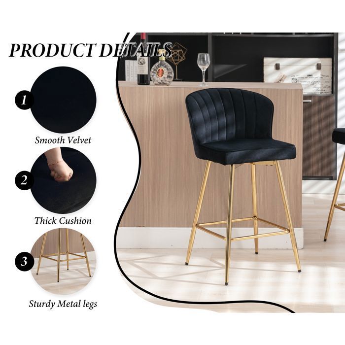 Lot De 2 Tabourets De Bar Réglables En Velours - Pied Doré, Dossier Coquillage - Hauteur 64,5 à 85 Cm - Noir