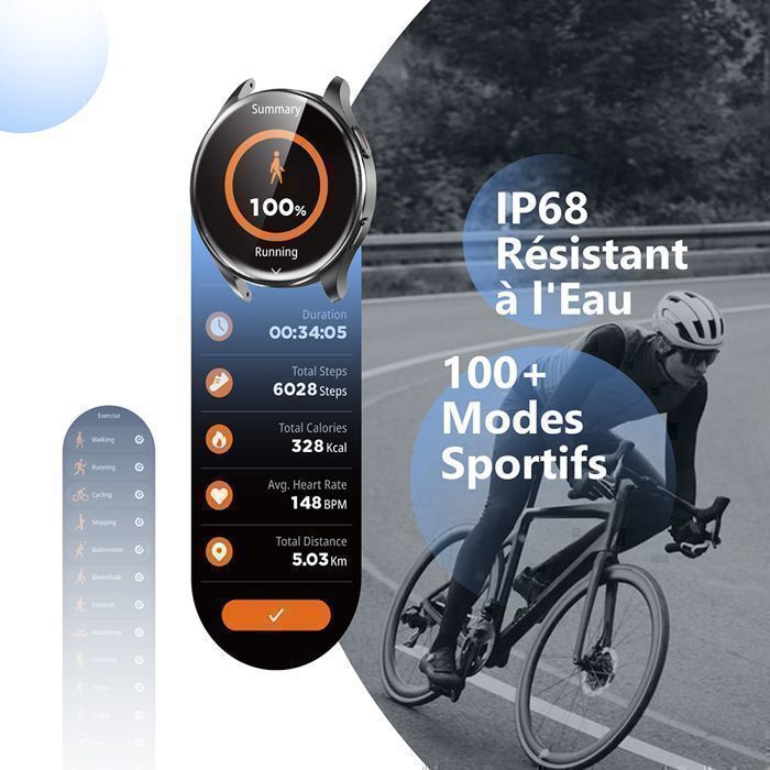 Montre Connectée Homme – Écran AMOLED 1,43” – Appels Bluetooth, IP68 étanche – 170+ Modes Sport, Suivi Santé – Compatible Android/iOS – Noir Or