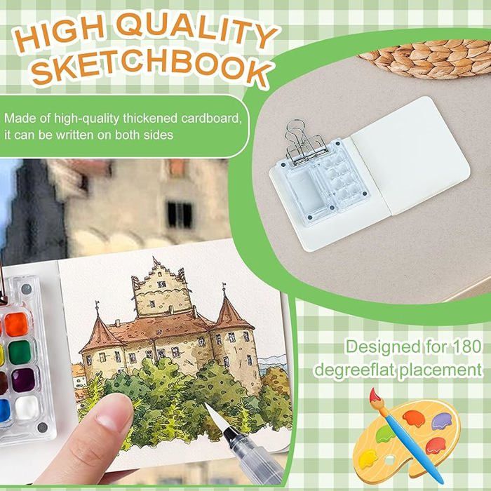 Omuotaut Mini palette de peinture de voyage prête à l'emploi, trousse d' aquarelle de voyage portable en bois pour aquarelle, gouache, peinture acrylique pour peintres, artistes, étudiants (D
