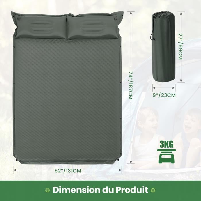 Matelas Camping Gonflable 2 Places Autogonflant - Léger (1.45kg), Pompe à Pied Intégrée, Imperméable - Randonnée, Trekking, Plage