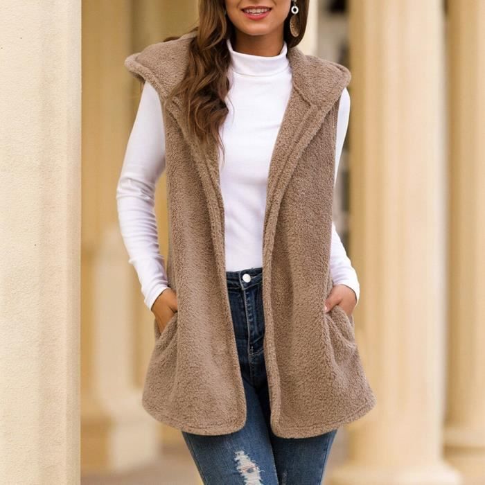 Gilet,Femmes longs pulls à capuche sans manches manteau en fausse fourrure  gilet Veste d'hiver Casaco Feminin Femme - Type GRIS Blanc - Cdiscount  Prêt-à-Porter