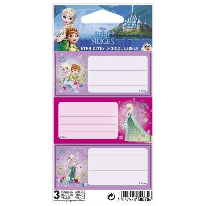 LA REINE DES NEIGES 9 étiquettes adhésives 3 planches - 75 x 100 mm - 3 visuels assortis sous sachet