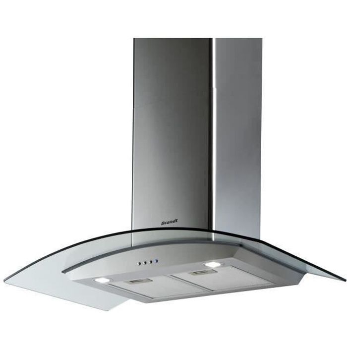 Hotte décor murale BRANDT AD1070X - Larg 90 cm - Inox - Evacuation / Recylclage - Débit évacuation air 827 m³/h - 3 vitesses