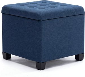 FAUTEUIL - CANAPÉ BÉBÉ Pouf cube en lin avec coffre de rangement et cadre en bois solide pour salon coiffeuse et chambre avec couvercle Bleu.[Q417]