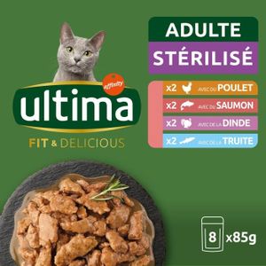 BOITES - PATÉES LOT DE 3 - ULTIMA - Pâtée pour chat Adulte Stérilisé Poulet Saumon - paquet de 8 sachets de 85 g