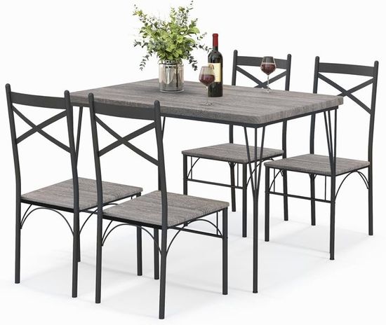 Table à Manger Avec 4 Chaises Encastrables – Style Industriel, Cadre Métal, Bois Marron, Dimensions 90x90x90 Cm