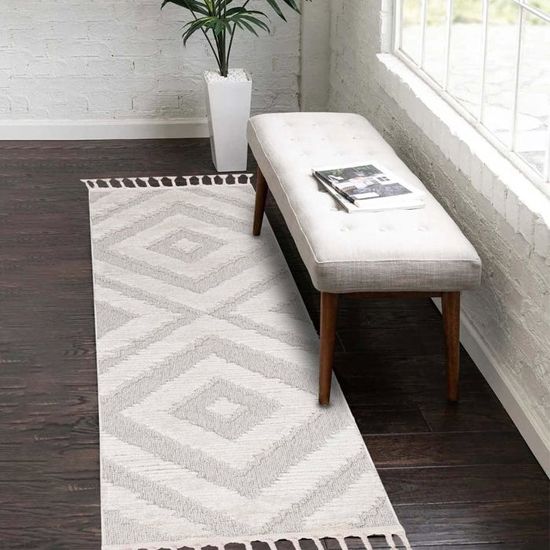 Tapis géométrique motif damier relief de couloir crème d'intérieur et d'extérieur 70x200 cm