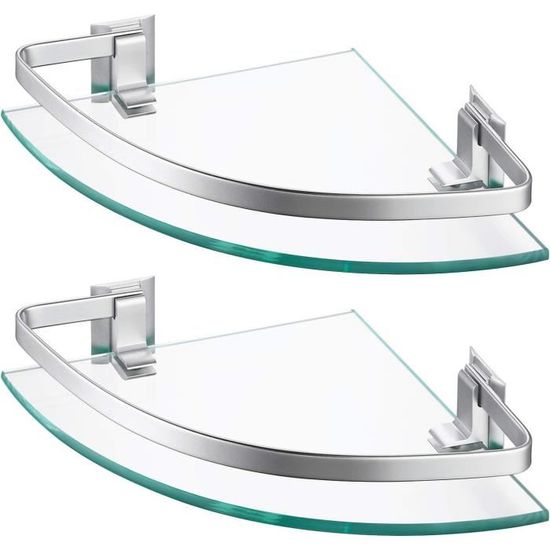 Lot De 4 étagères D'angle En Verre Trempé 6 Mm - 23,5x23,5 Cm, Charge 4 Kg - Pour Salle De Bain, Douche, Murale