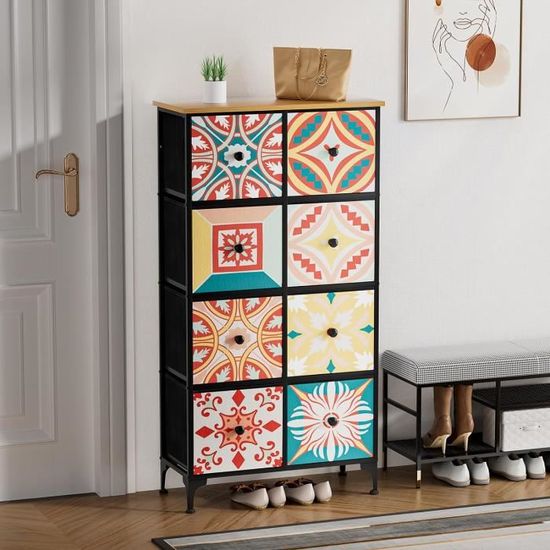 Commode En Tissu Avec 8 Tiroirs - 3 Niveaux, Cadre Acier, Plateau Bois, Style Bohème, Pour Chambre, Salon, Couloir