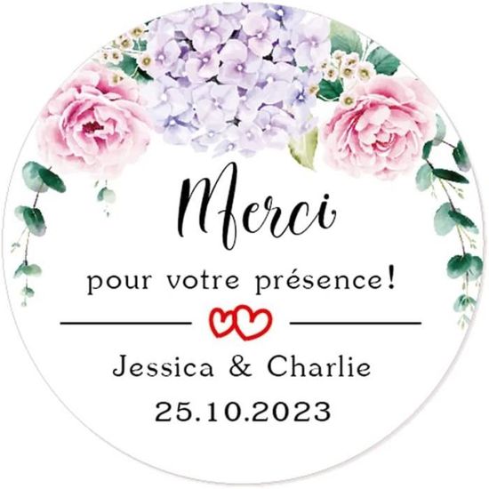 50 STICKERS Autocollants Mariage PERSONNALISÉS 'Merci pour votre présence!' 40MM Étiquettes
