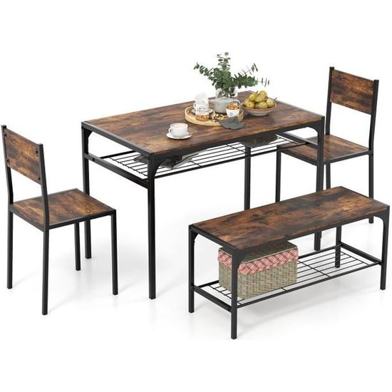 COSTWAY Table à Manger avec Banc et 2 Tabourets, Ilot Cuisine avec Rangement, Repose-Pied en Métal, 136 x 55 x 76 cm