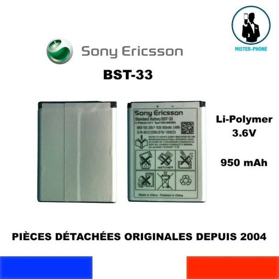 BATTERIE DE REMPLACEMENT SONY ERICSSON BST-33 BST33 ORIGINE 950mAH 3,4Wh 3,6V OEM ORIGINAL GENUINE BATTERY