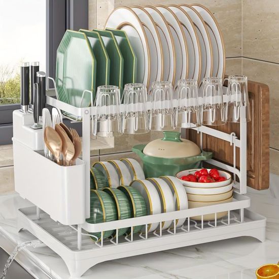 Égouttoir à Vaisselle Sur évier Blanc Et Inox - Compact, Avec Porte-couverts Et égouttoir Extensible