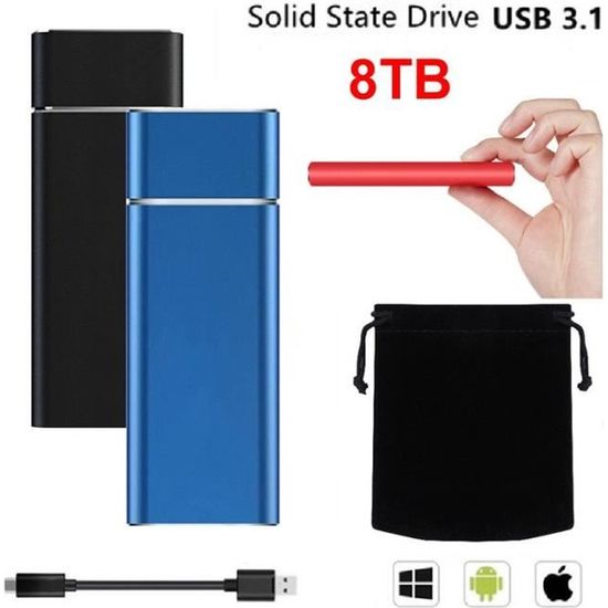Disque Dur Externe SSD Portable 8TB 8To Type-C Métallique Argent 11*3.2*1cm Mini Taille avec Pochette Sac de Stockage en Tissu