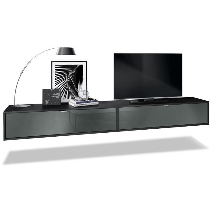 Ensemble de 2 set meuble TV Lana 120 armoire murale lowboard 120 x 29 x 37 cm, caisson en Noir mat, façades en Gris haute brillance