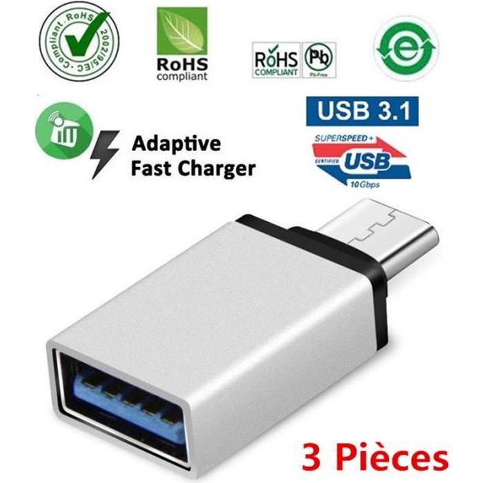 3 Pièces USB-C 3.1 Type C mâle vers USB 3.0 Adaptateur femelle Sync Data Hub pour MacBook Samsung Galaxy S8 S8+ (argent)