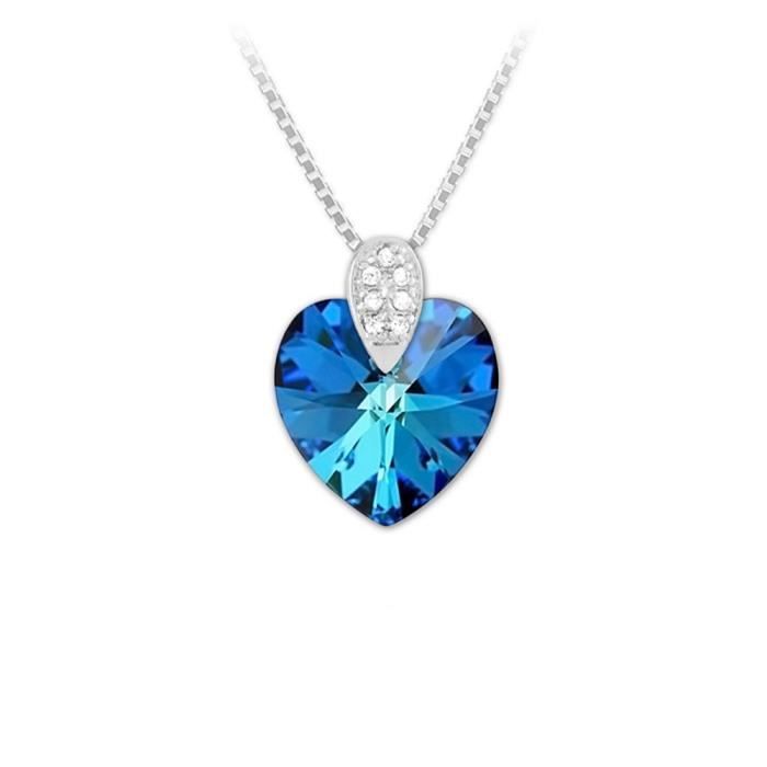 Collier Argent 925 Rhodie Coeur 14mm Swarovski Element - Bermuda Blue