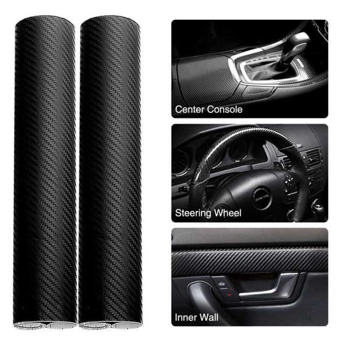 2pcs 3D Film Carbone Film Vinyle Autocollant Voiture Fibre de Carbone Adhesif Thermoformable 12” x 59” Noir