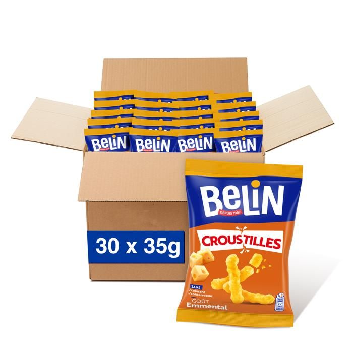 Belin - Pack de 30 sachets de 35g - Biscuit apéritif Croustilles Fromage - Goût Emmental - Format Pocket facile à emporter