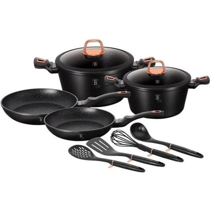 Batterie de cuisine 10 pcs effet pierre Noir/Or rose