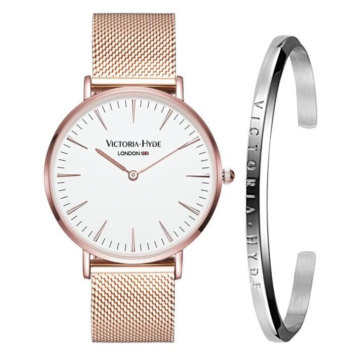 VICTORIA HYDE Montre Bracelet Bracelet Cadeau En Acier Inoxydable Pour Les Femmes Hommes Réglable Argent - Or Rose (Blanc - or ro