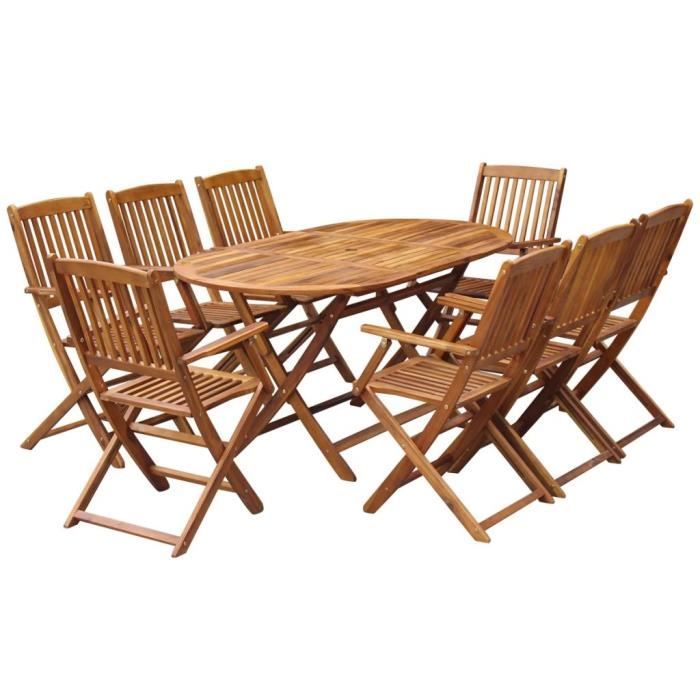 9 pcs Salon de Jardin en Bois d'acacia Massif 1 Table Ovale Pliable et 8 Chaises Pliables