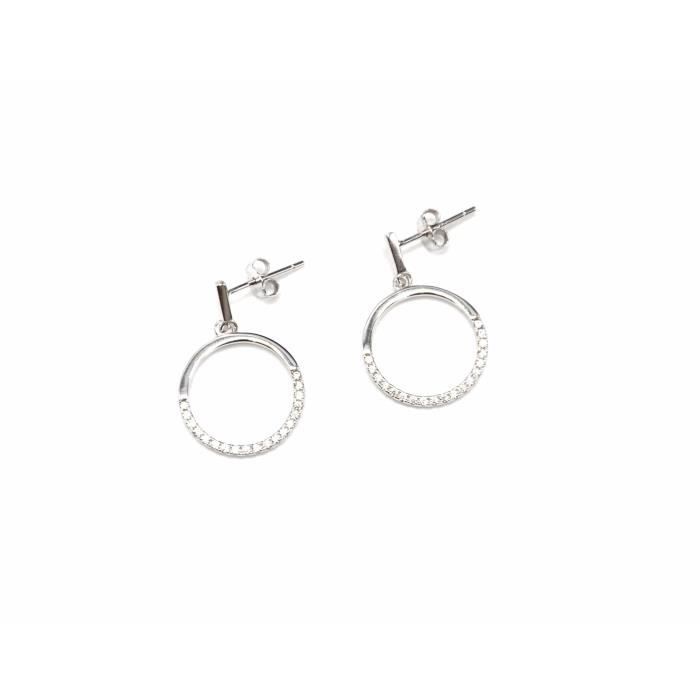 BO1277E - Boucles d Oreilles Pendantes Barre et Cercle Contour Argent 925 avec Strass