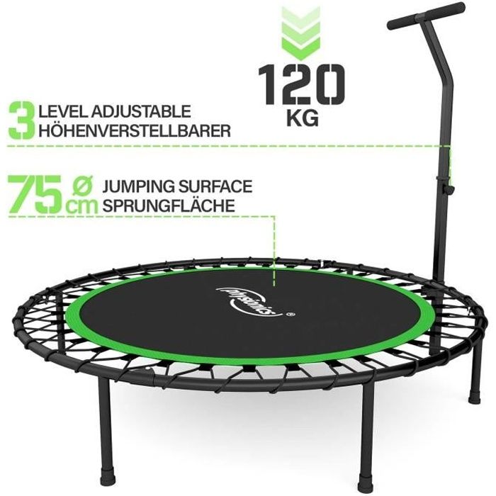 Physionics® Mini Trampoline Fitness - Pliable, Poignée Réglable, Ø 101 cm, Usage Intérieur/Extérieur - Trampoline de Gym, Aérobic
