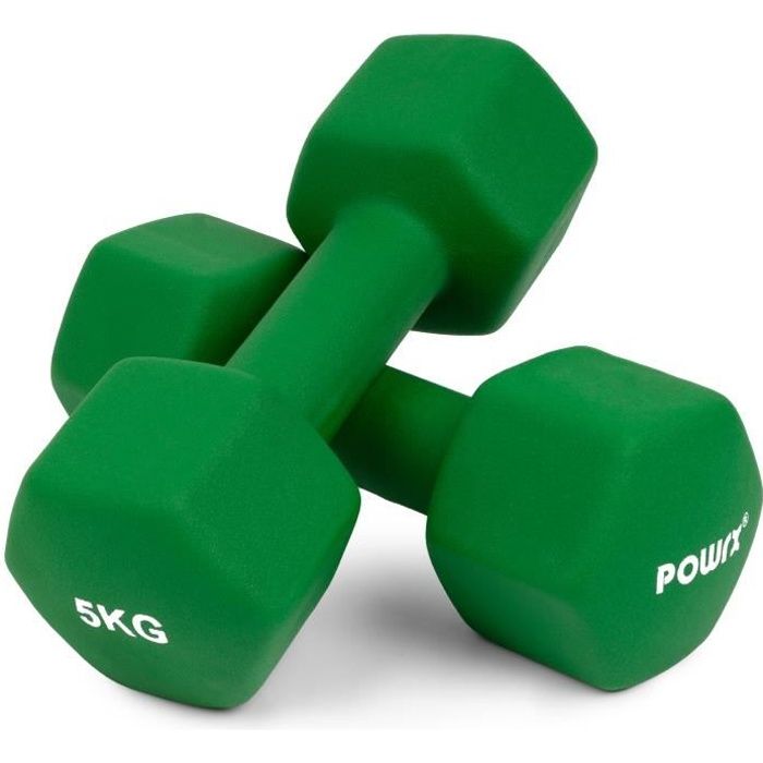POWRX Haltères hexagone en néoprène (Vert foncé, 2 x 5kg)
