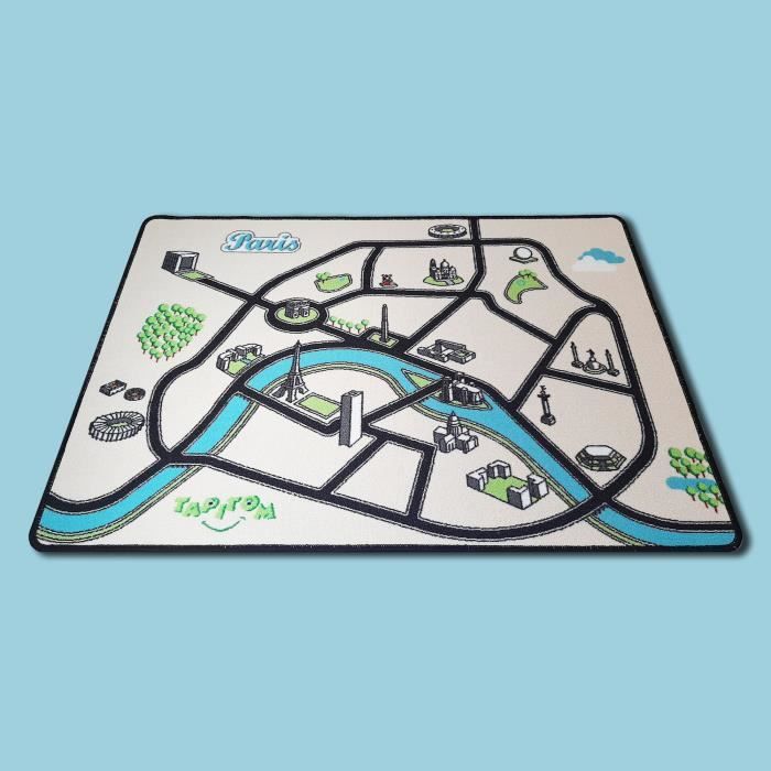 Tapis Enfant Circuit dans Paris - [95 x 133 cm] - plan de Paris, avec ses routes et ses monuments