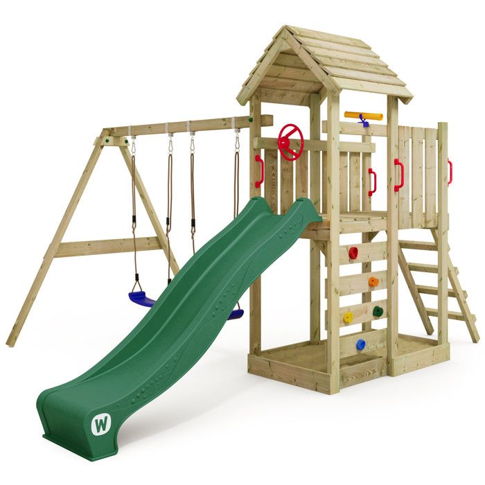 WICKEY Aire de jeux Portique bois MultiFlyer toit en bois avec balançoire et toboggan vert Maison enfant extérieure