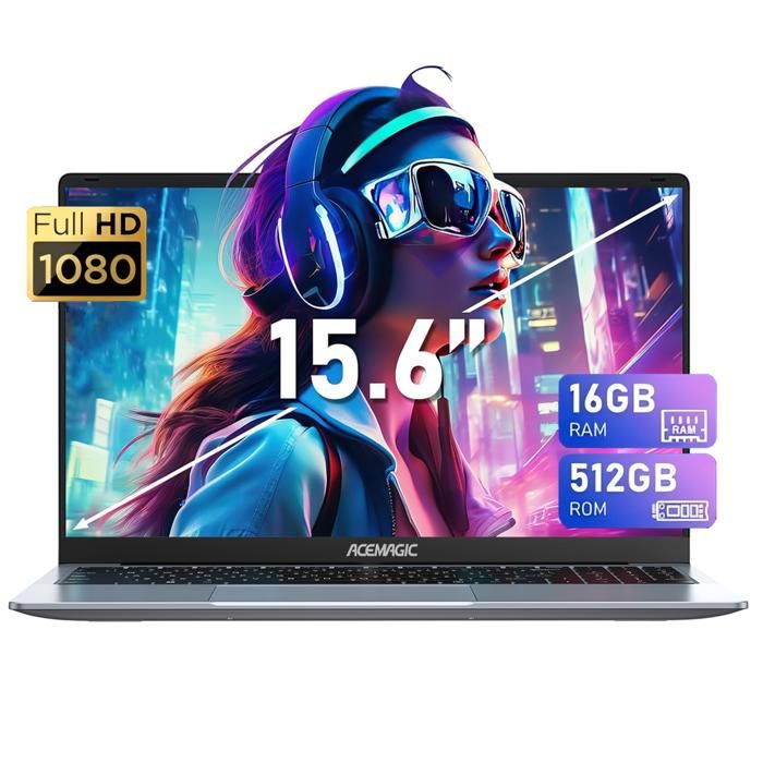 ACEMAGIC PC Portable 156 IPS avec Intel N150 Processeur Ordinateur Portable 16Go RAM 512Go SSD Windows 11PRO WiFi BT USB3.0