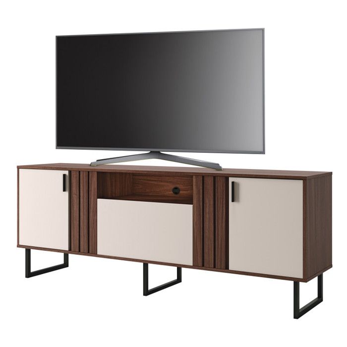 Meuble TV - JURUA - 70 Pouces - Imitation Noyer et Blanc - 3 Portes - 4 Niches - Pieds Métal Meuble TV - JURUA - 70 Pouces - Imitation Noyer et Blanc - 3 Portes - 4 Niches - Pieds Métal