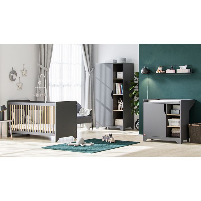 Chambre complète lit bébé - commode à langer - armoire 1 porte Vox Leaf Gris et bois Chambre complète lit bébé - commode à langer - armoire 1 porte Vox Leaf Gris et bois