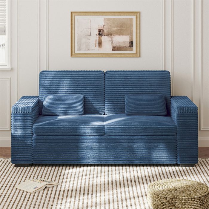 DRIPEX Canapé 2 places en velours côtelé Bleu avec accoudoirs rangement fonctionnelCanapé avec coussins et oreillers182×74×84cm