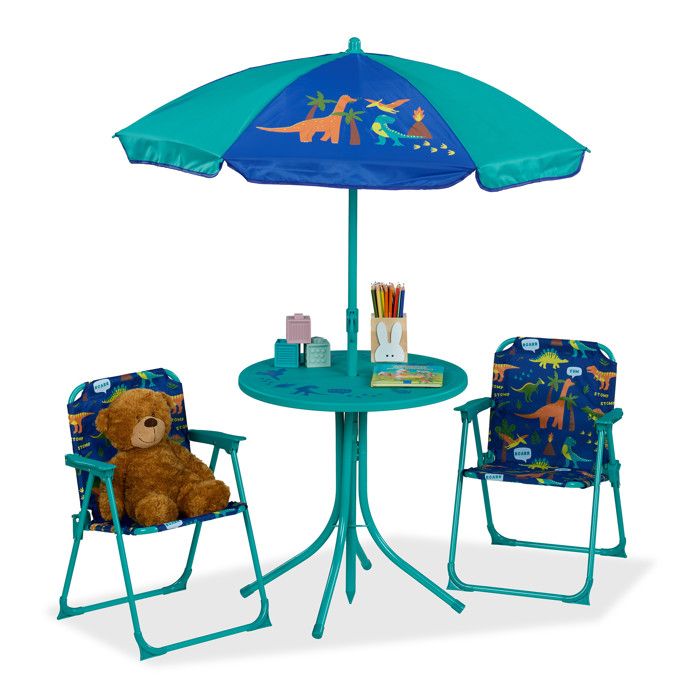 Relaxdays ensemble sièges enfants Camping motif dinosaure avec parasol chaises pliantes et table jardin turquoise