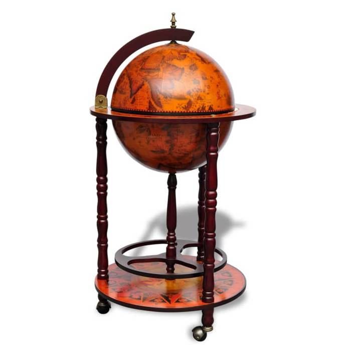Globe bar en bois deucalyptus - GKO - Diamètre 36 cm - 47x47x102 cm - Brun - Carte du monde antique