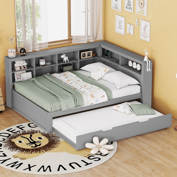 Canapé-lit 140x200 avec lit gigogne 90x190 prise USB rangements bois massif gris — sans matelas