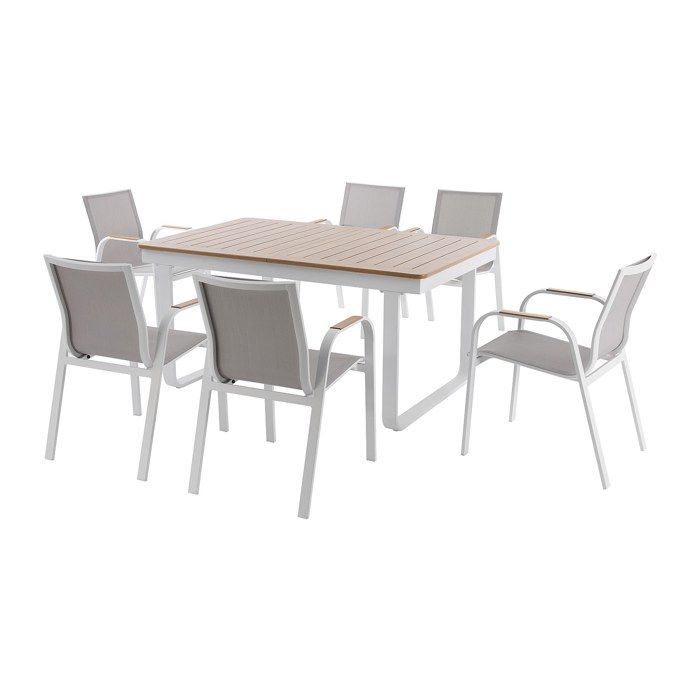 Salle à manger de jardin en aluminium : la table extensible en aluminium L.155/246 cm et 6 fauteuils - Naturel clair et blanc -