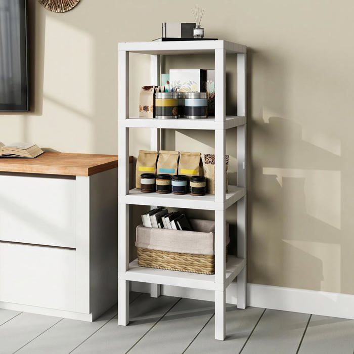 Meuble Étagère Autoportante à 4 Niveaux COSTWAY Organisateur de Rangement en PP pour Salle de Bain Cuisine Salon Buanderie Blanc