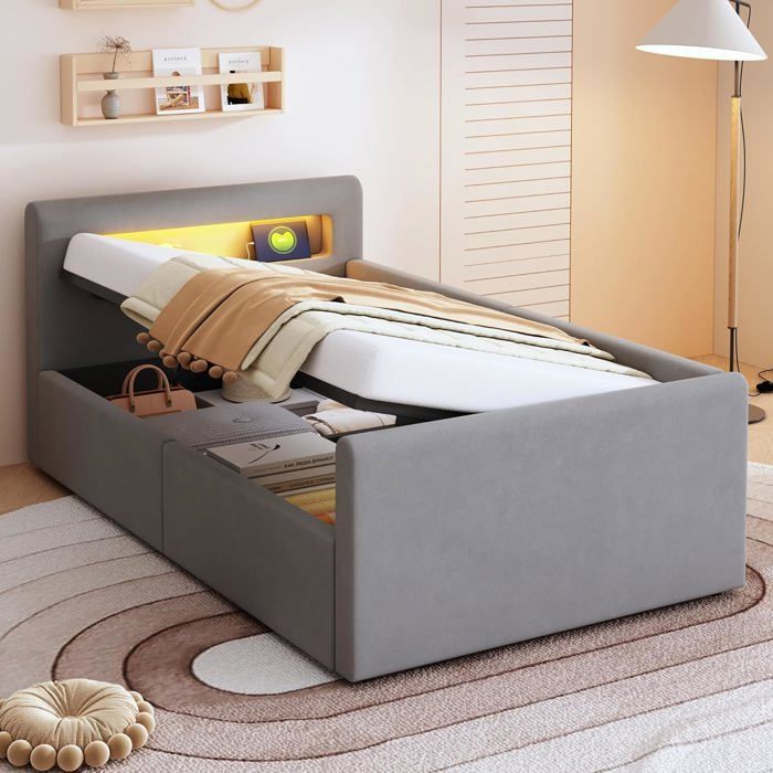 Lit rembourré 90 x 200 cm avec lumière LED port de charge USB espace de rangement hydraulique étagère lit simple Gris Clair